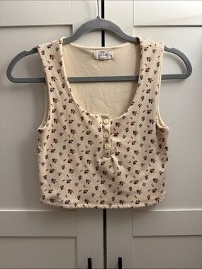 Floral Ribbed Scoop Neck Tank Top - Cream